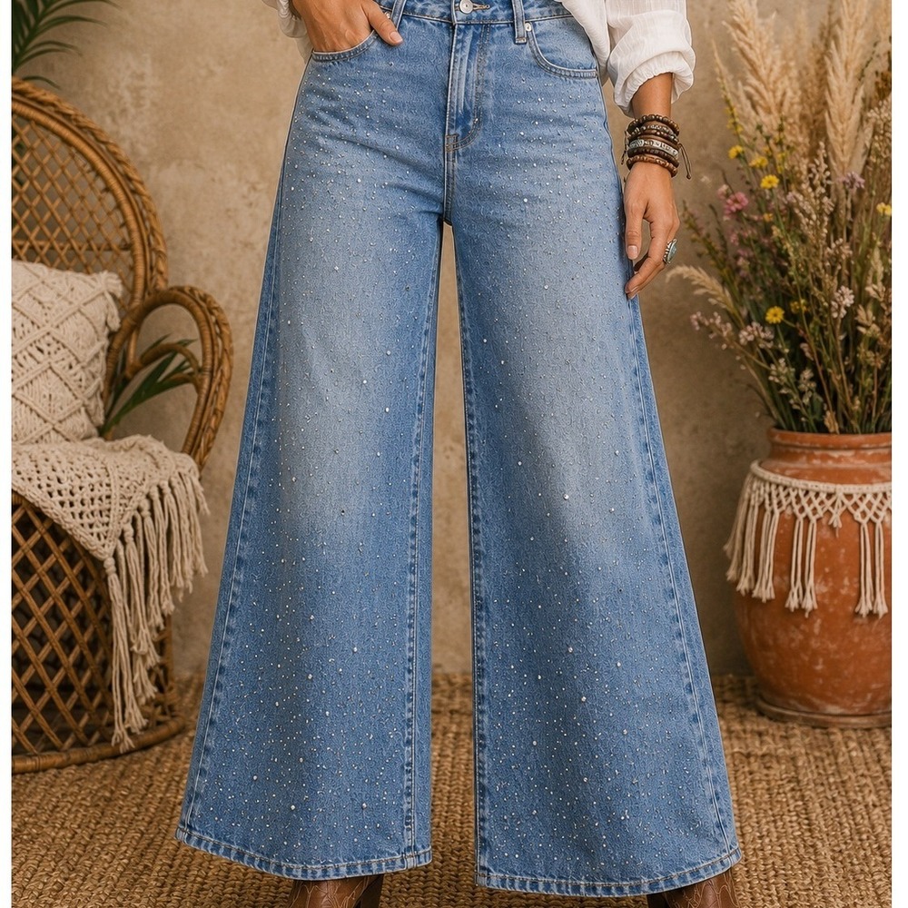 No Boundaries Womens XXS 00 High Rise Wide Leg Rhinestone Embellished Jeans Blue